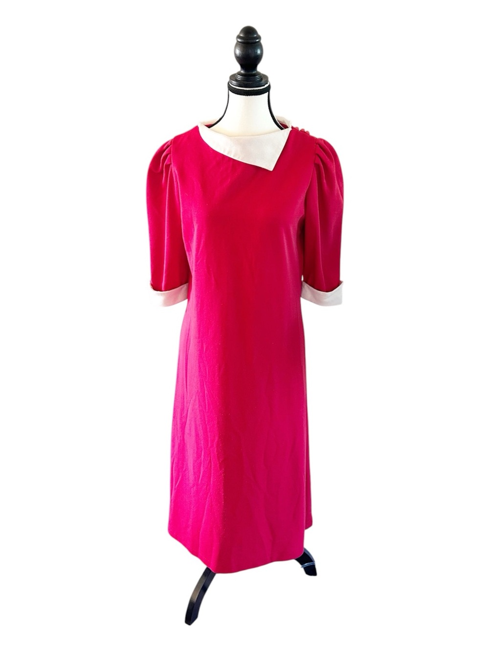 Vintage Algo Red Sheath Dress with White Collar and Cuffs Wool-Blend Size 11